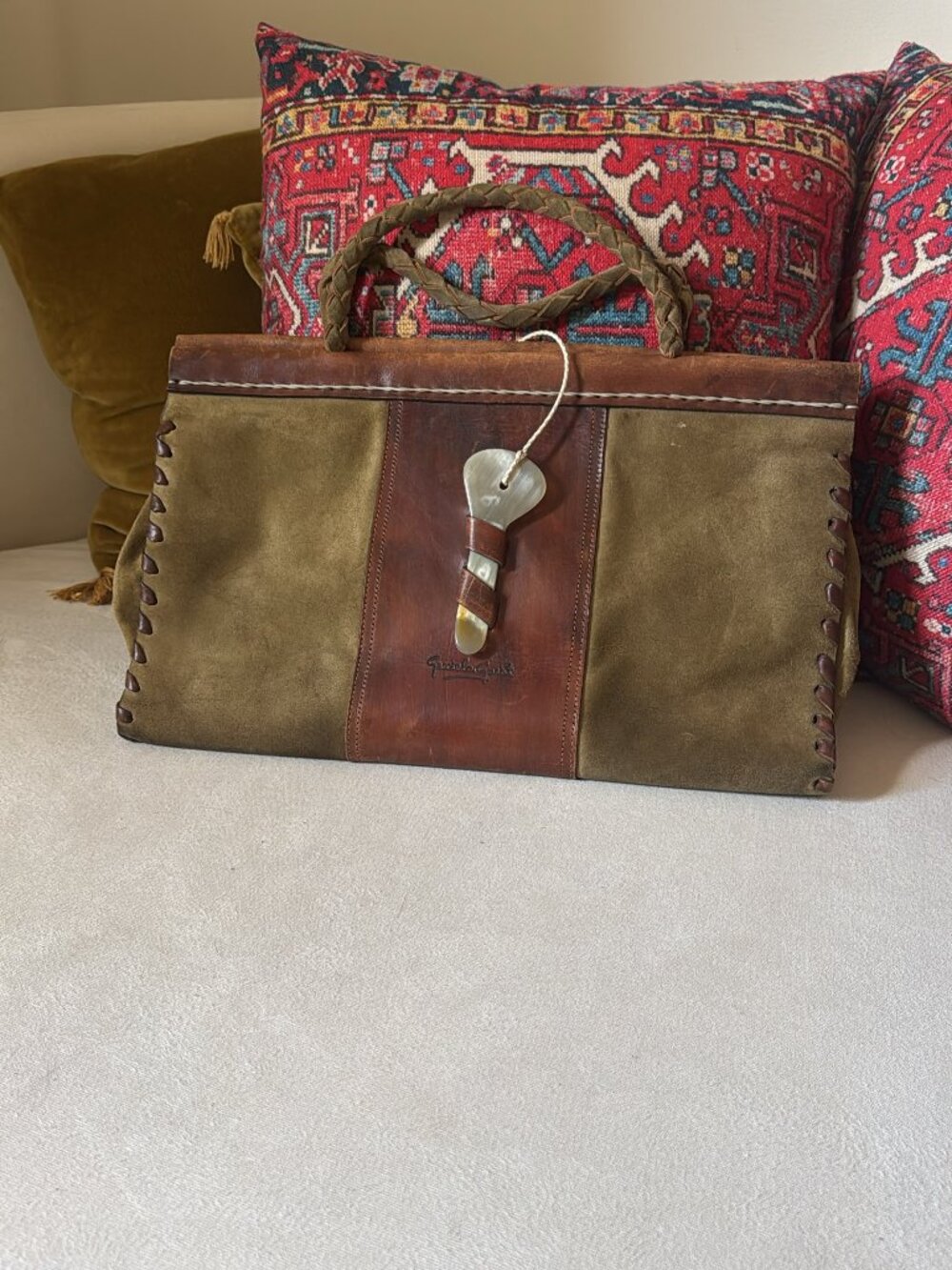 Vintage 70s Italian Handcrafted Suede Frame Bag – Horn Toggle & Whipstitch